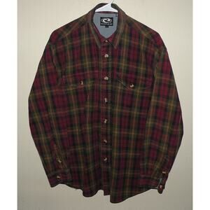 Roper Men’s Large LS Button Shirt Red Green Black Plaid Soft Canvas 100% Cotton